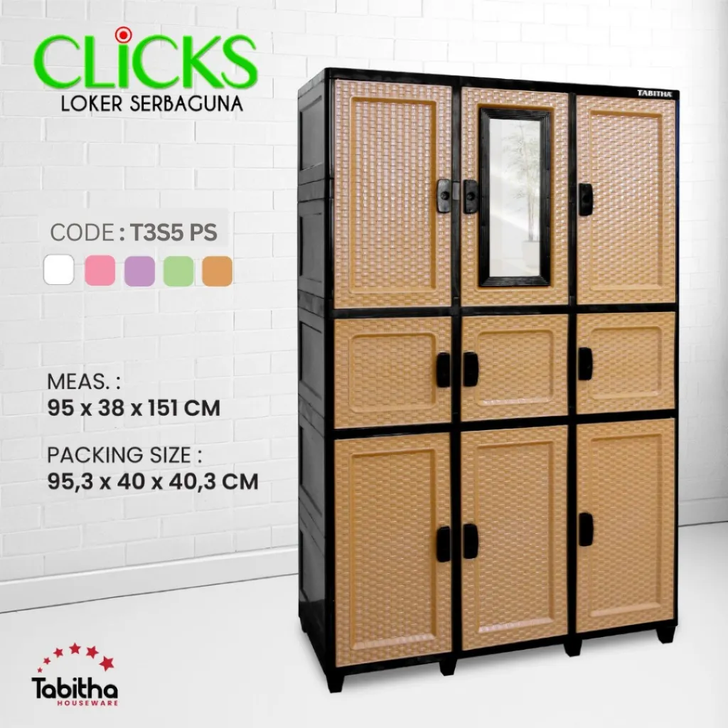Tabitha Lemari Plastik Serbaguna Lemari Pakaian Cermin Kunci Estetik - Tabitha Clicks T3 New