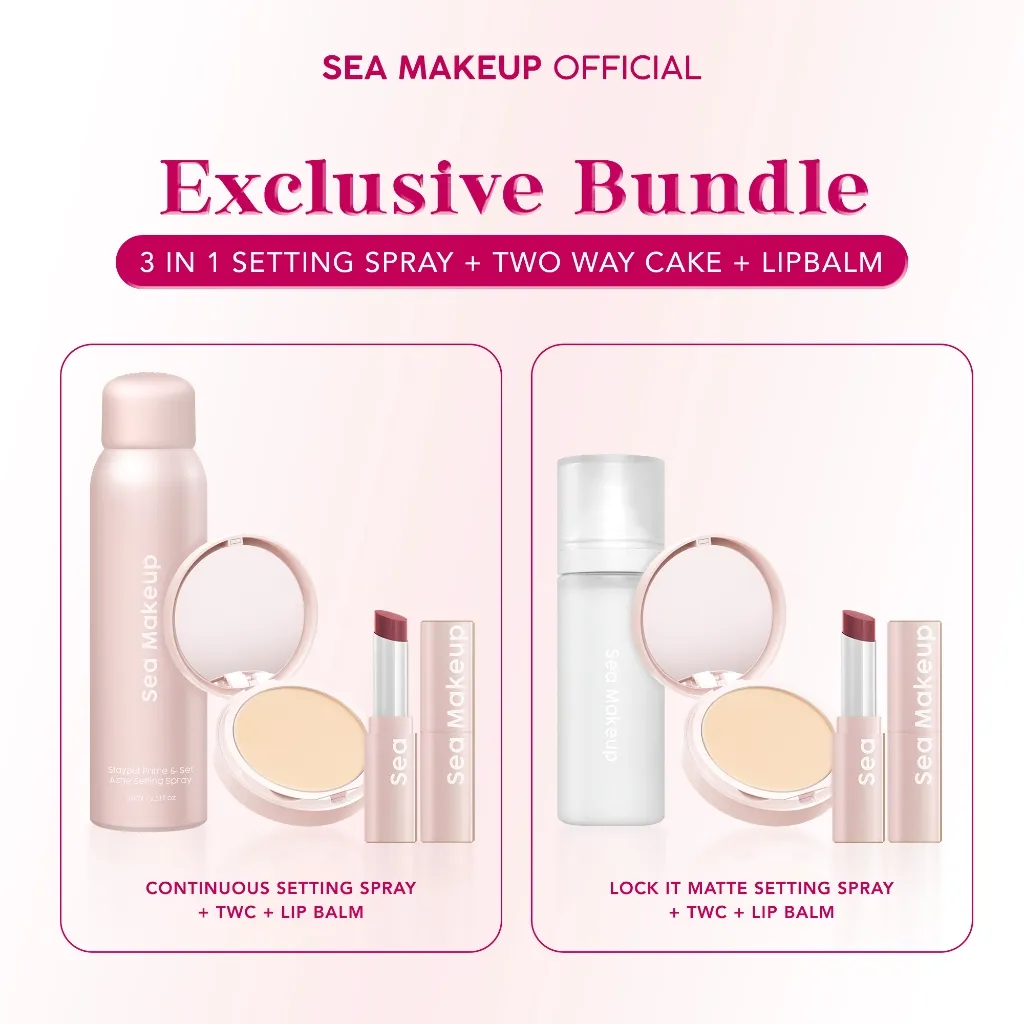 Bundle Makeup Sea Makeup 3in1 Lock it Matte Setting Spray+TWC+Lip Balm dan Stayput Continuous Setting Spray+TWC+Lip Balm Bibir