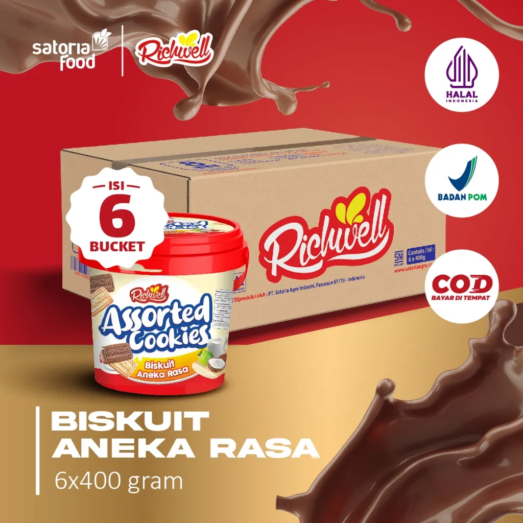 SatoriaFood - Richwell Cookies Assorted 400g x 6Pcs| [ 1 Dus ] Cemilan Snack Biskuit Kukis Rasa Coklat Susu Kelapa isi 6 Ember