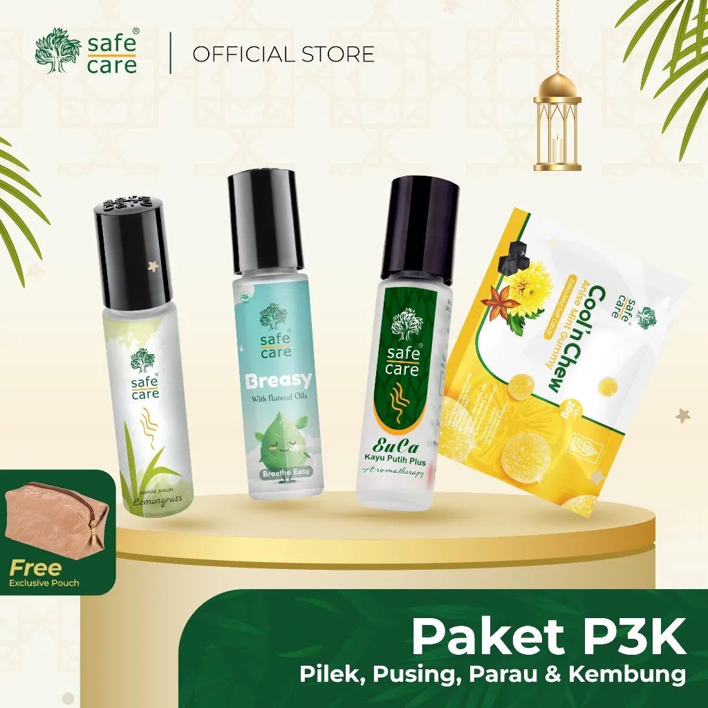 Paket P3K (Pilek, Pusing, Parau & Kembung) - 1 Breasy Aromatheraphy, 1 Minyak Angin Lemongras 1 Minyak Kayu Putih Euca, 1 Anise Mint Gummy