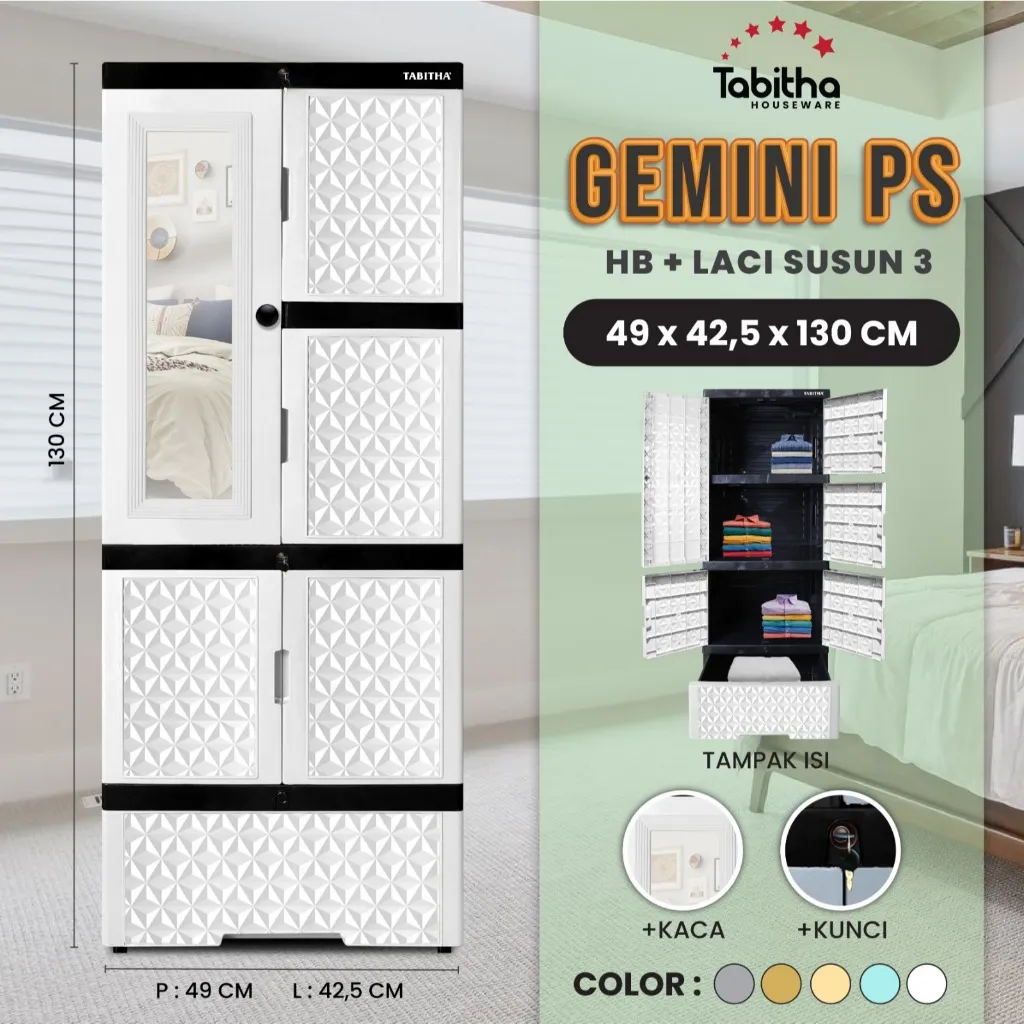 Tabitha Lemari Pakaian Gantungan Serbaguna Full Kunci Cermin Minimalis - Tabitha Gemini