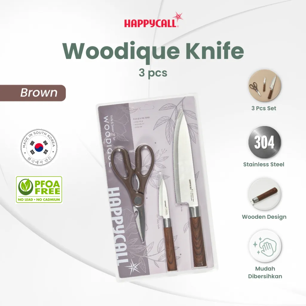 Happycall Woodique Knife Tools 3P Set - Alat Masak Pisau Dapur