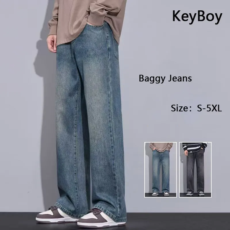 KeyBoy celana jeans panjang pria baggy pants celana kulot fashion denim casual straight korean style oversize S-5XL