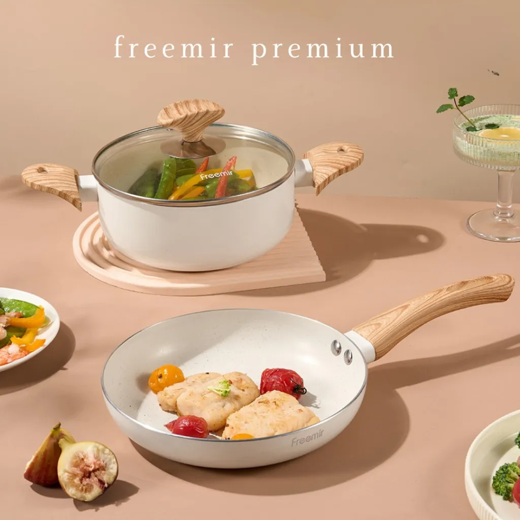 [PREMIUM] freemir Set Wajan Panci Anti Lengket Wajan 20cm Panci 18cm Pink Tutup Kaca Serbaguna