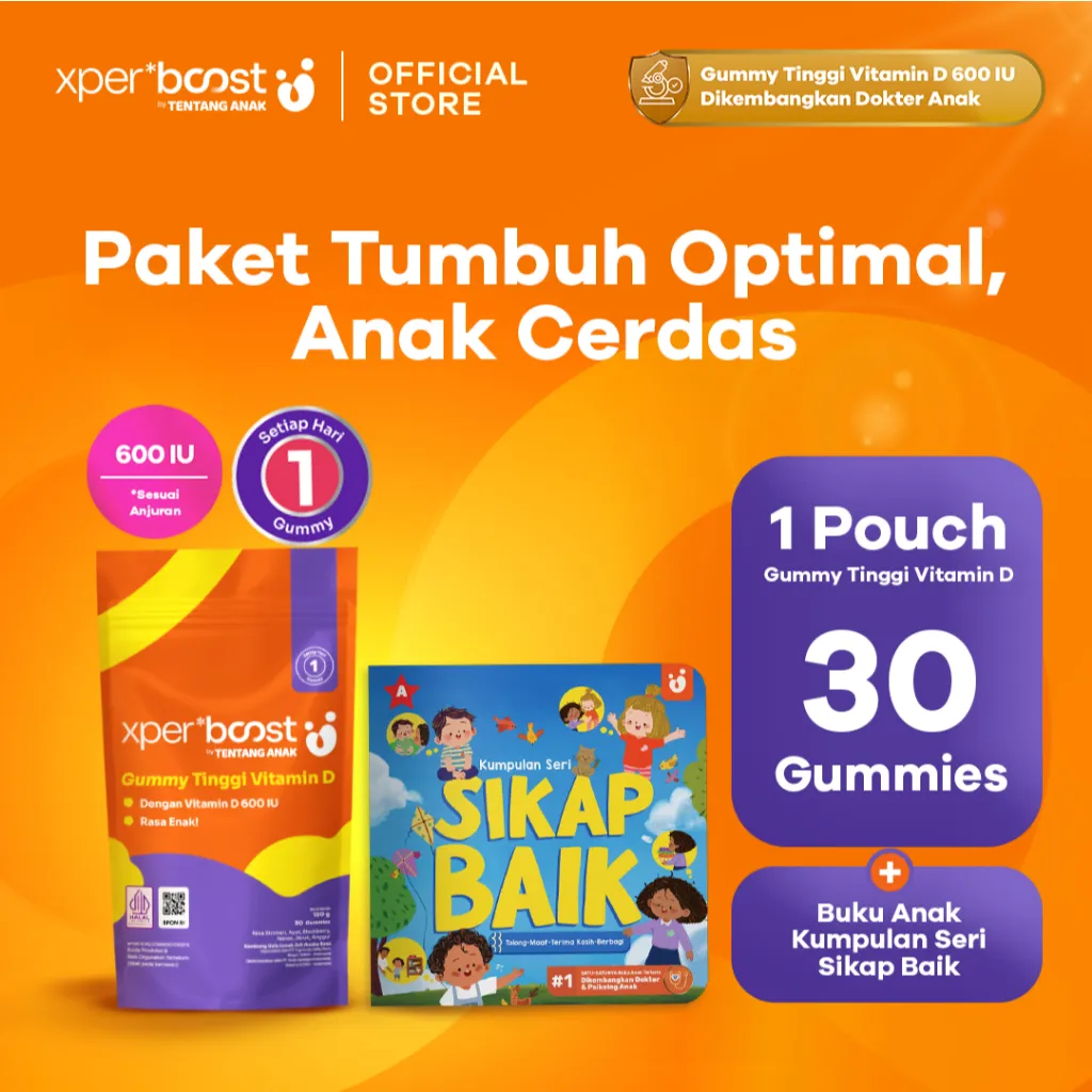 Paket Anak Cerdas & Tumbuh Optimal | Expert Boost Vitamin D Gummy 600 IU 1 Pouch @30pcs + Buku Cerita Anak Seri Kumpulan Sikap Baik