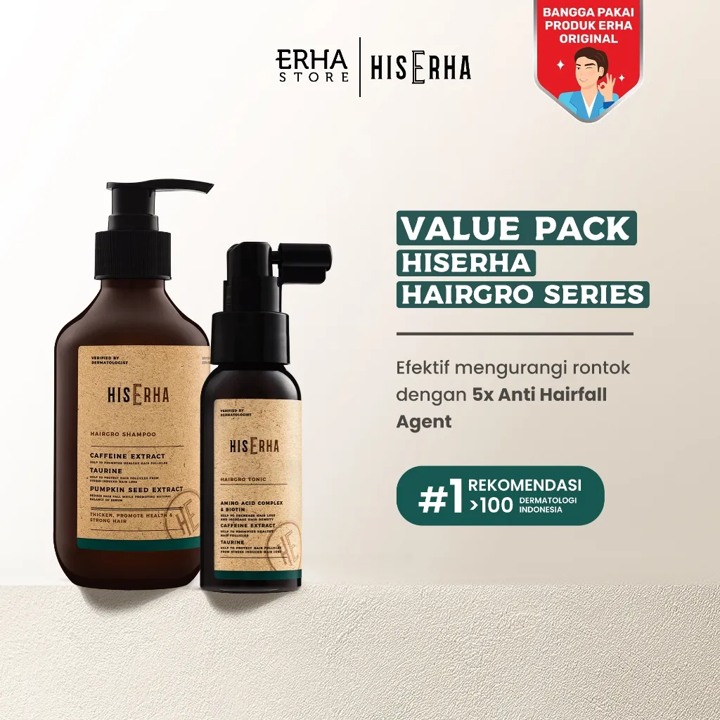 HIS ERHA Bundle Hairgro Series Shampoo 270ml + Tonic 60ml - Kombinasi Perawatan Rambut Rontok, Cegah Kebotakan,  Rambut Lebih Tebal/Lebat Khusus Pria, Wangi Segar Maskulin, Verified by Dermatologist, Biotin, Caffeine Extract, Taurine, Menthol
