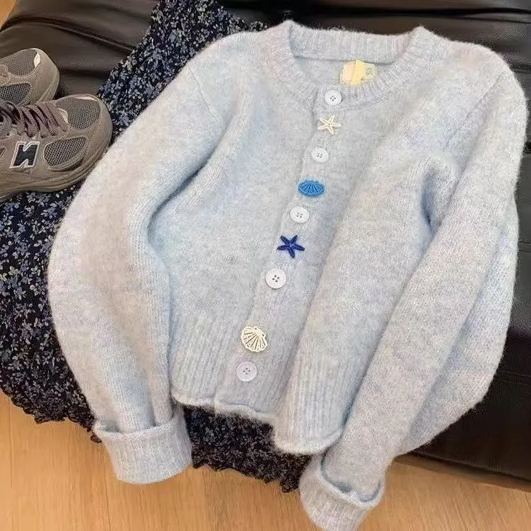Cardigan jumper biru yang baru Berkancing Lengan Panjang Lucu dan lembut tops wanita