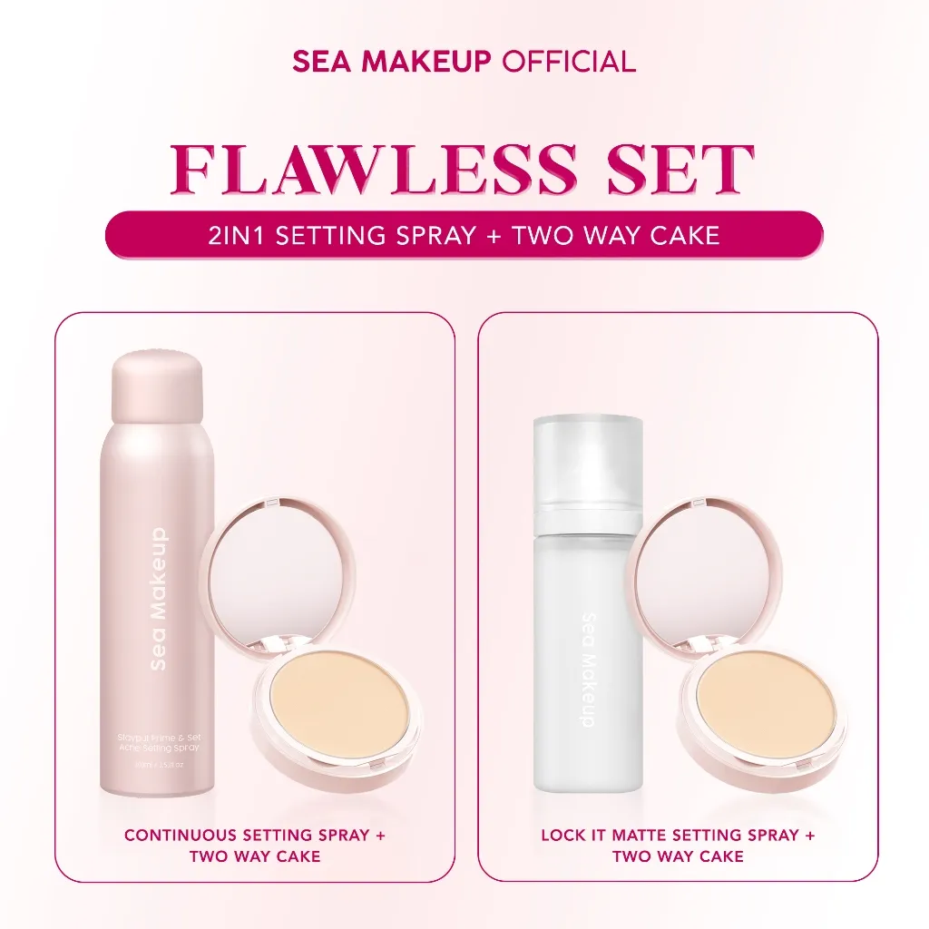 Bundle 2in1 Sea Makeup Two Way Cake + Setting Spray – Bedak Two Way Cake & Powder Foundation untuk Wajah Berjerawat
