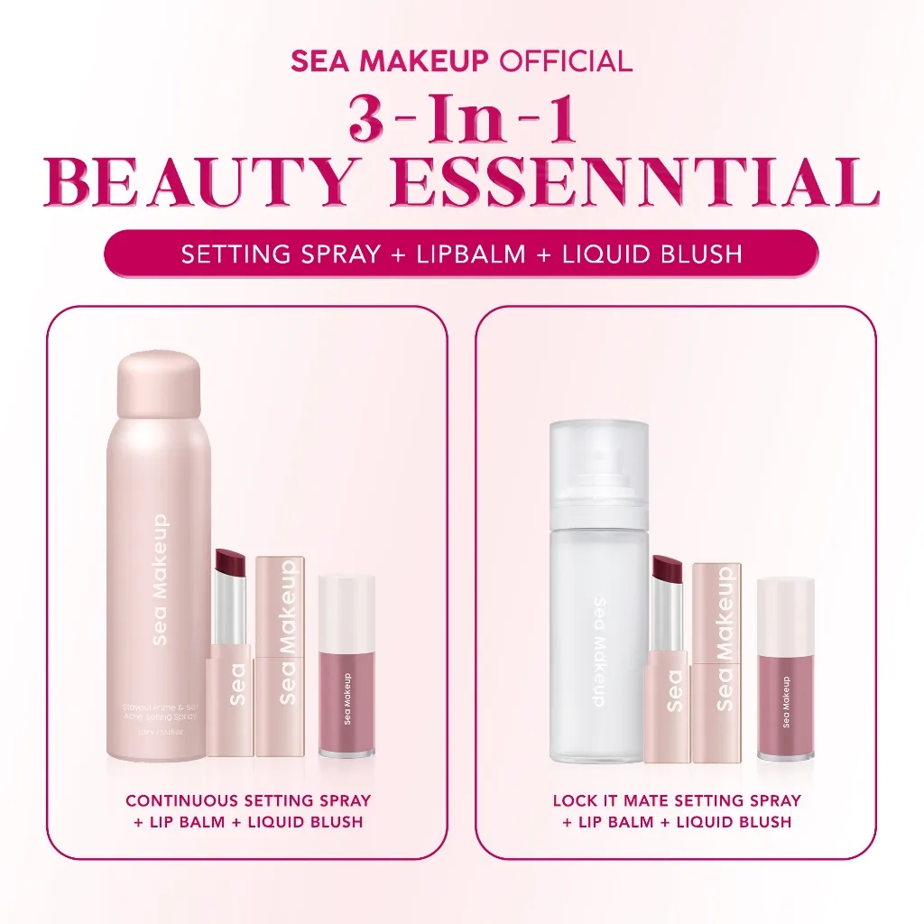 Sea Makeup 3in1 Beauty Essentials - Setting Spray+Lip Balm+Liquid Blush -  Waterproof Kosmetik Lipstik