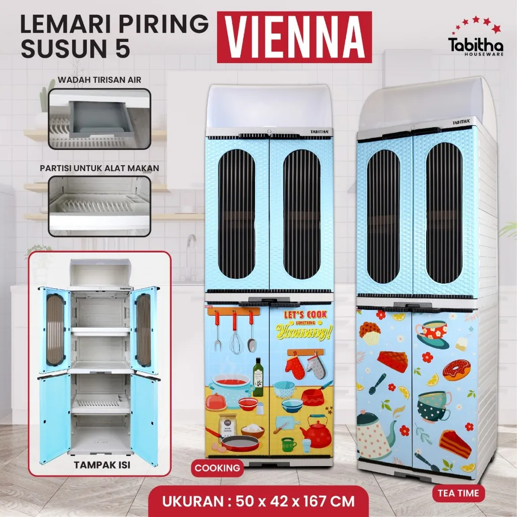 Tabitha Rak Lemari Piring Jumbo Printing Lemari Dapur Estetik Serbaguna - Rak Piring Vienna
