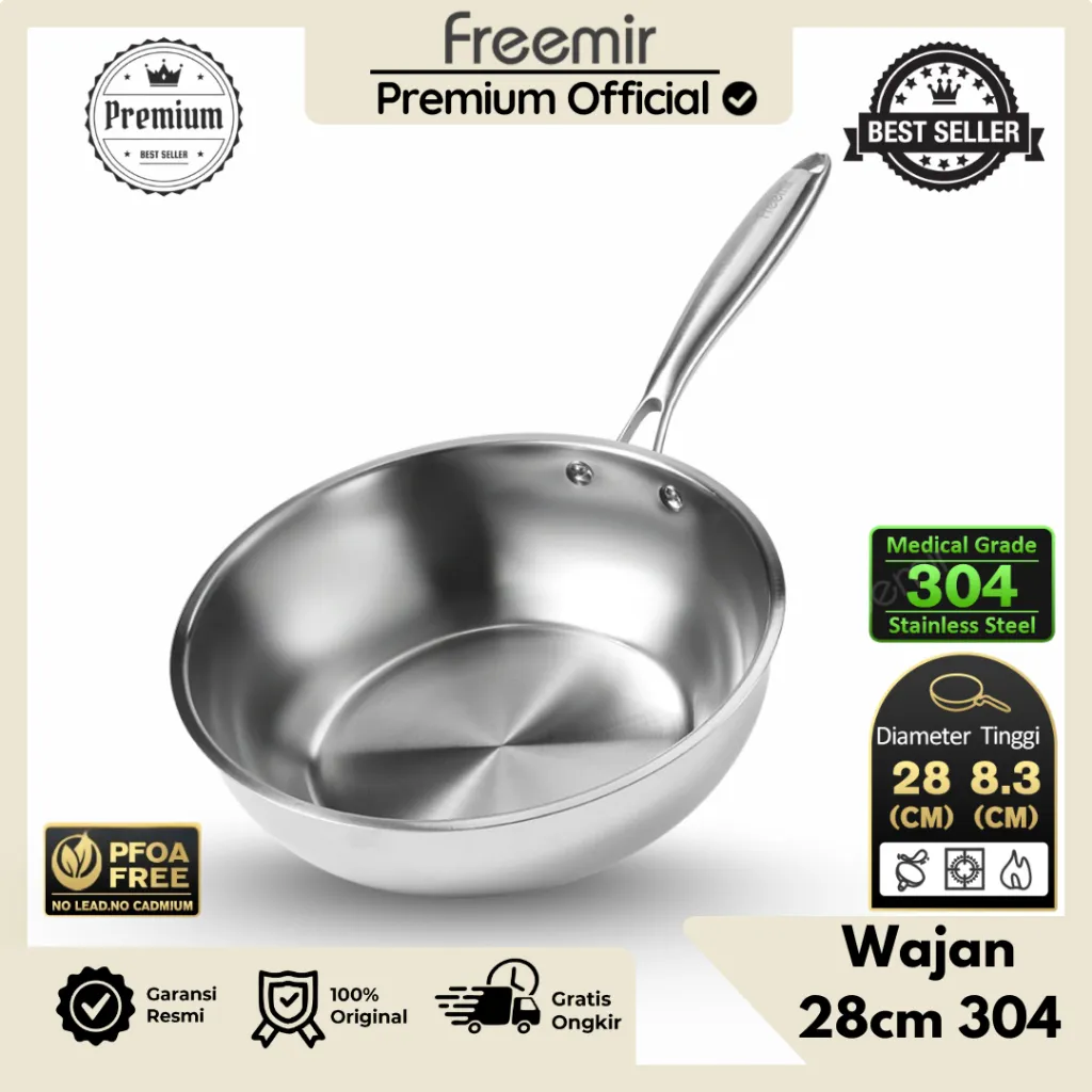 [PREMIUM] freemir Wajan Penggorengan Stainless Steel 304 28/24/20 cm Food Grade Serbaguna