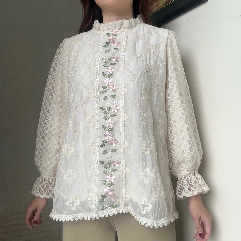 Sakura Top atasan blouse kemeja wanita tensel bordir renda lace kerja viral korean style by biel the label