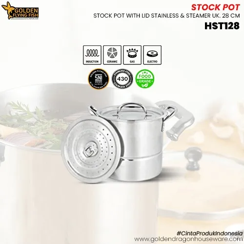 Stock Pot + Steamer Stainless Steel 28cm , HST128 Golden Flying Fish