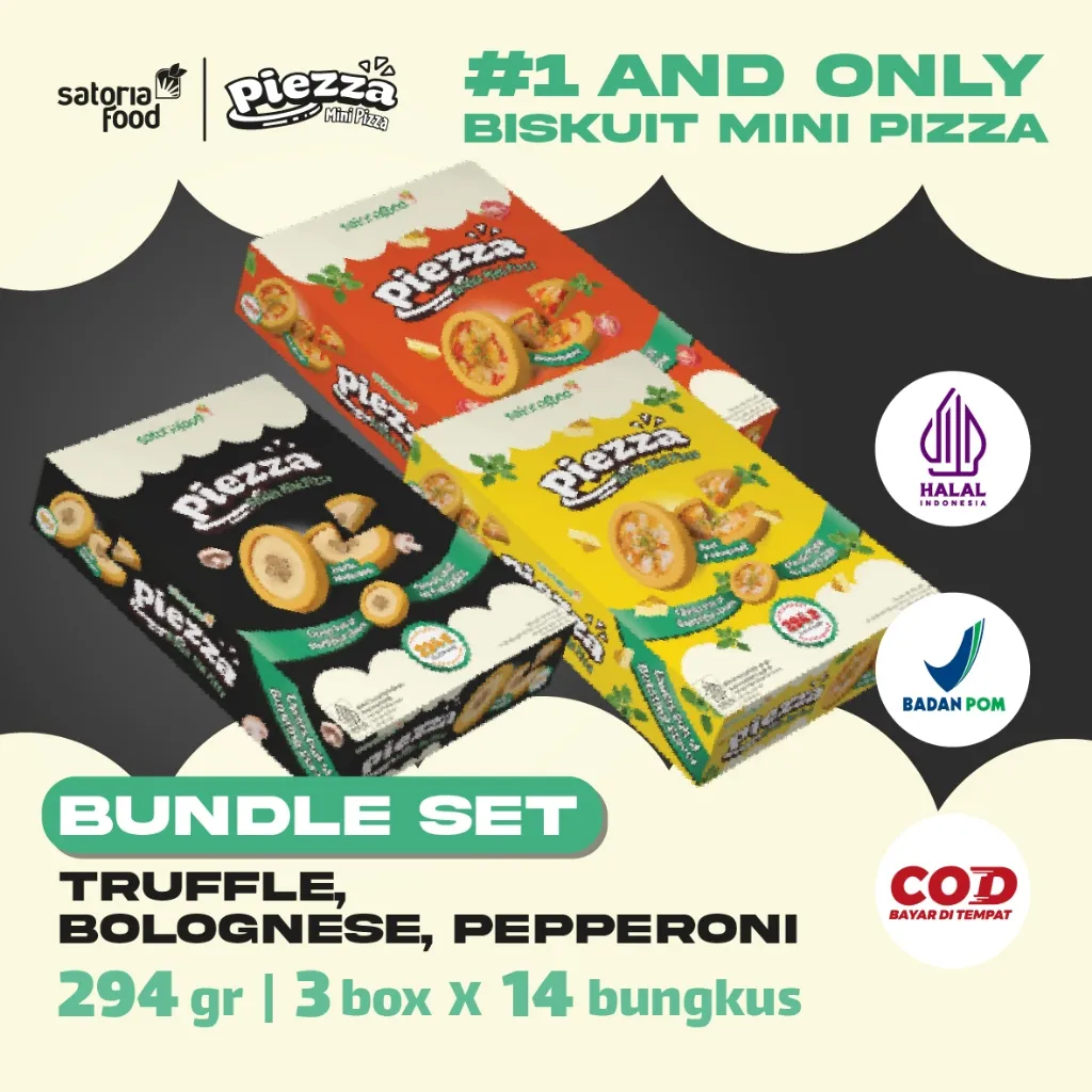 SatoriaFood - Piezza Paket Bundle 3 Box 294gr Rasa Mix Bolognese Truffle Mushroom Pepperoni (21gr x 14 bungkus) Cemilan Biskuit Mini Pizza