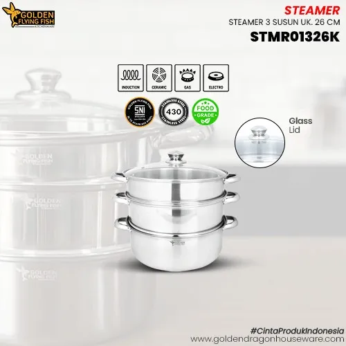 Steamer Set Stainless Steel 3 Susun STMR01326 Tutup Kaca -Golden flying fish