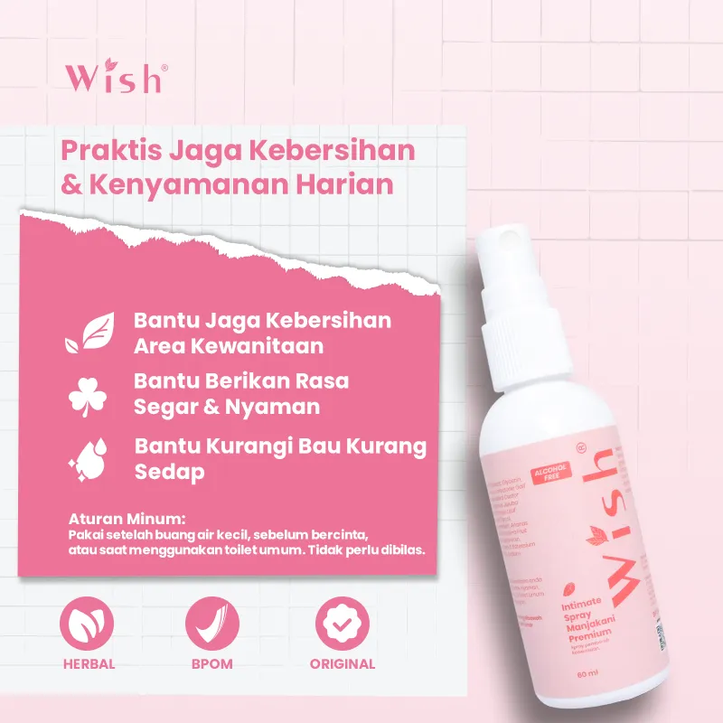 Wish Intimate Spray 60ml – Pembersih Kewanitaan Herbal, Sabun Cebok Wanita Praktis & Bebas Bau