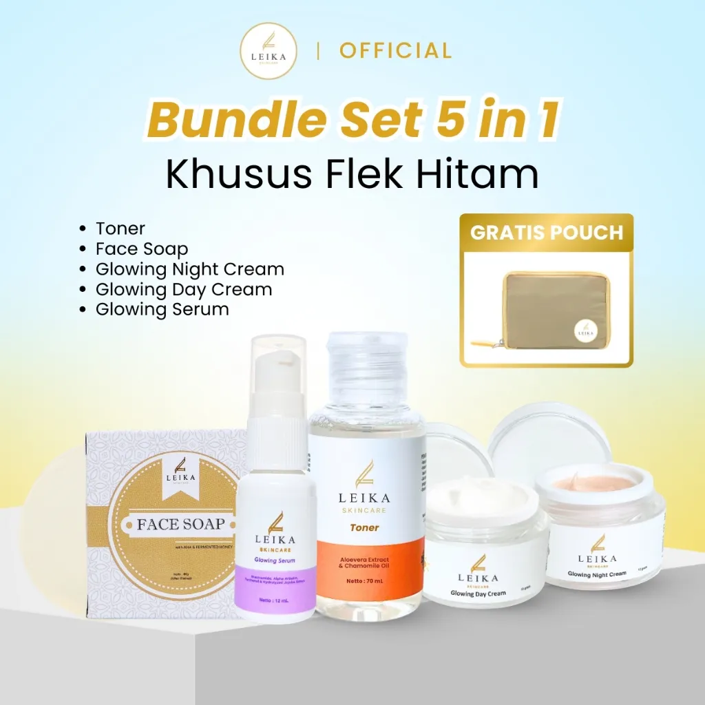 Leika Skincare Paket Lengkap 5 in 1 BPOM & Halal MUI Flek Hitam, Bintik hitam, Melasma, Freckles, Noda Hitam Bekas Jerawat Hitam, Bopeng, Jerawat dan Bekas Jerawat, Milia dan Spruten