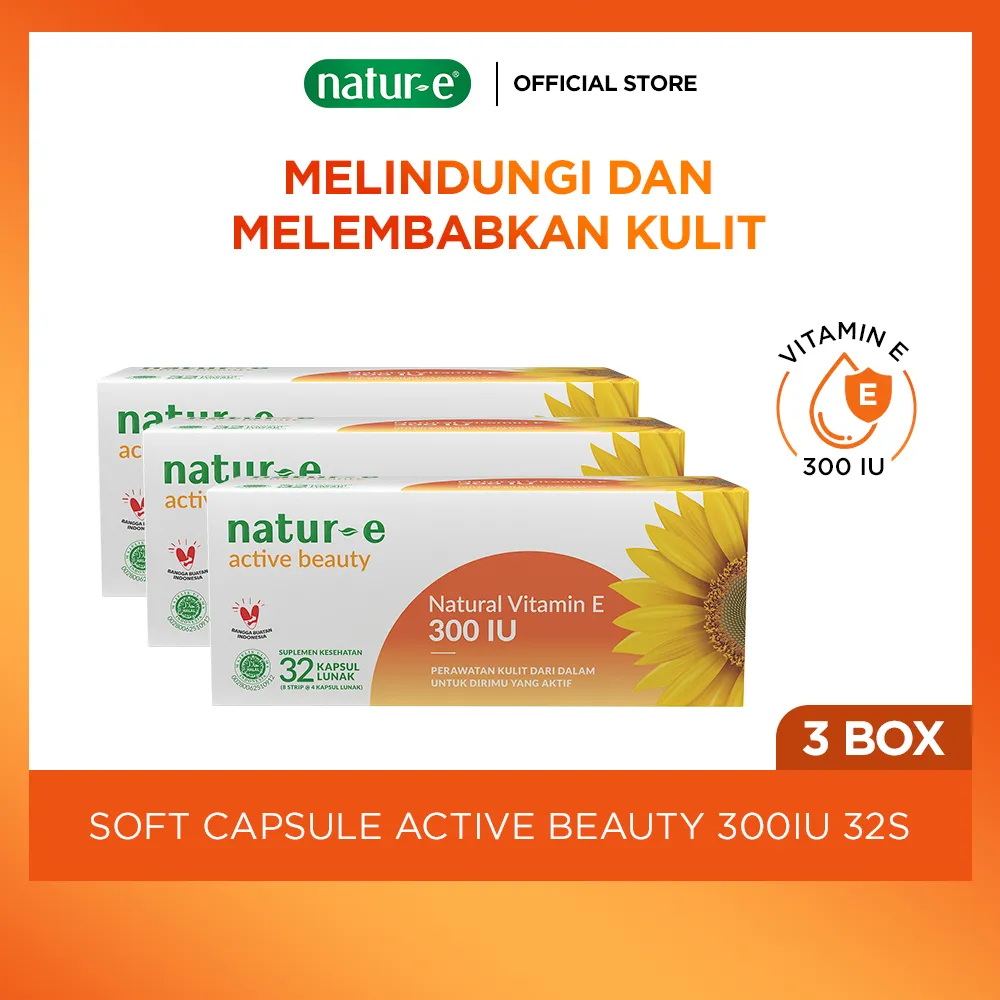 Natur-E Triple Pack Soft Capsule - Active Beauty Natural Vitamin E 300 IU 32s x 3pcs - Suplemen Kecantikan Dengan Vitamin E 300 IU - Membantu Menjaga Kesehatan Kulit dari Dalam
