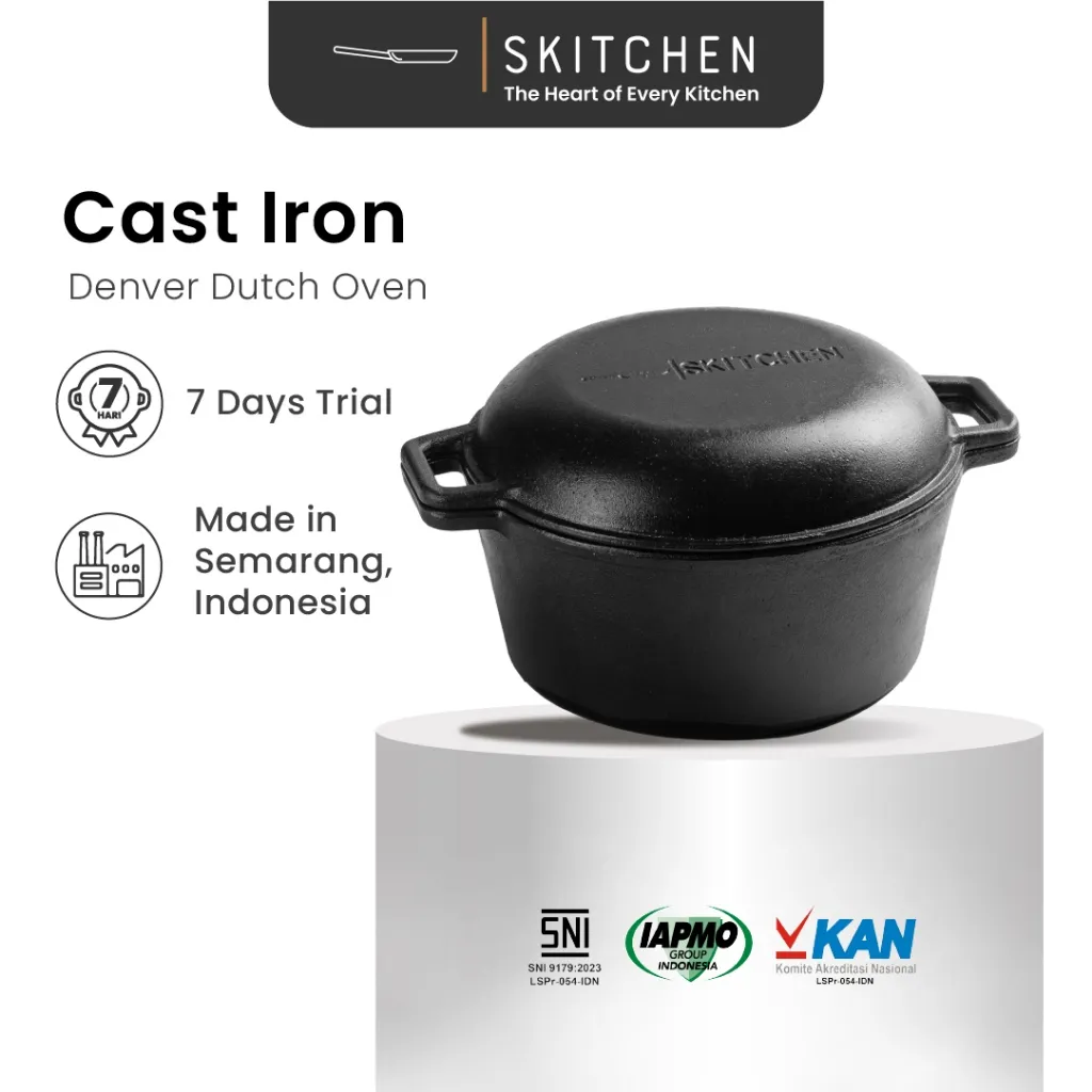SKITCHEN Cast Iron Denver Dutch Oven – Panci Kuali Besi Cor Premium, Loyang Sourdougn Multifungsi