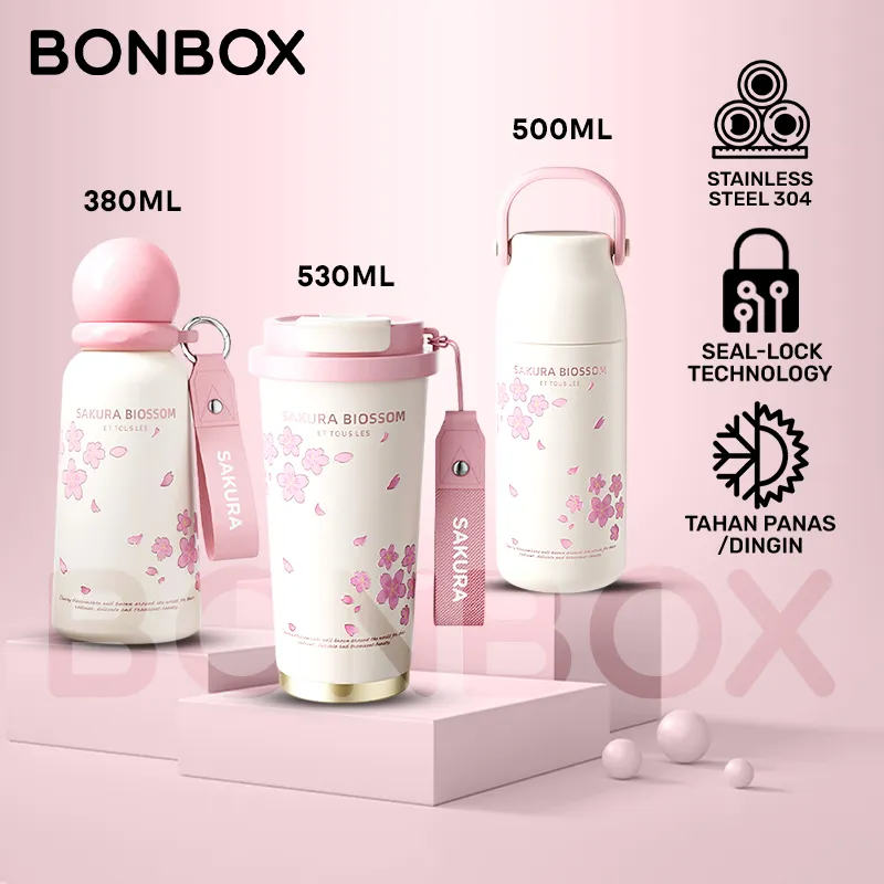 (BOX EKSKLUSIF) BONBOX Tumbler Botol Minum Sakura Blossom Series 500ml - Stainless Steel 316 Premium, Tahan Panas Dingin Anti Tumpah, Aesthetic & Portable BKL50806