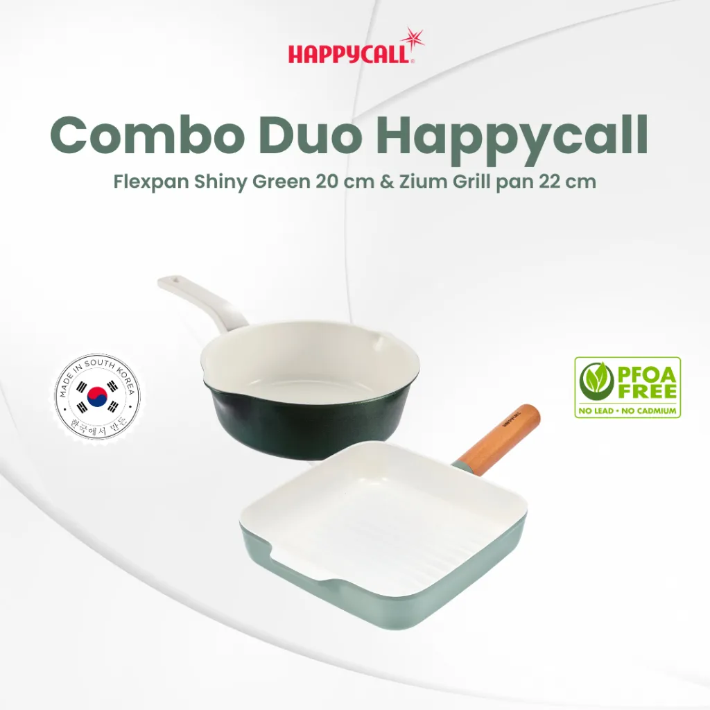 Combo Duo Happycall Flexpan Shiny Green 20 cm & Zium Grill pan 22 cm, Wajan Ceramic Tahan gores