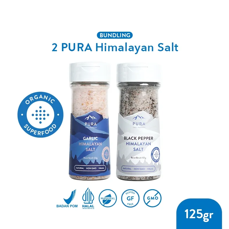 Pura Himalayan Salt Garlic, Pepper (125gr) - Garam Himalaya - Garam Sehat Organik - Garam Natural - Garam Tanpa Rafinasi - Garam Rendah Natrium - Garam Murni