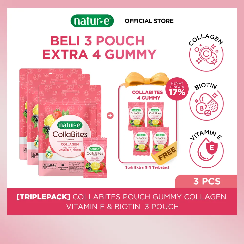 Natur-E Triplepack CollaBites Pouch Gummy 3 Pouch - Collagen Gummy dengan kandungan Vitamin E & Biotin - Membantu Menjaga Kesehatan Kulit dari Dalam