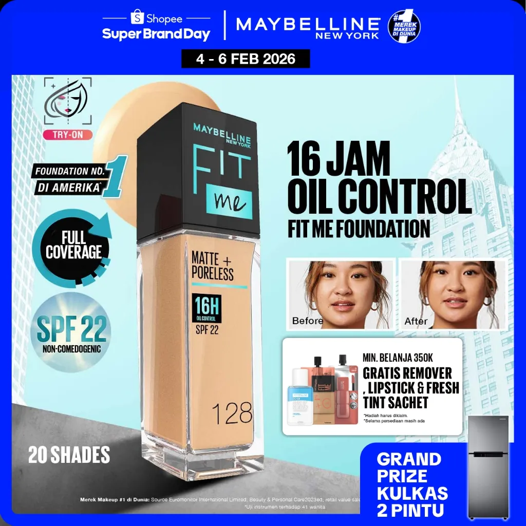 MAYBELLINE OFFICIAL Fit Me Matte + Poreless Liquid Foundation Make Up 30ml SPF 22 Makeup Ringan High Cover 16 Jam Oil Control Cushion Foundation Bedak Padat Cushion Foundation Bedak Padat Concealer BB Cream Foundation Waterproof Skin Tint Fondation