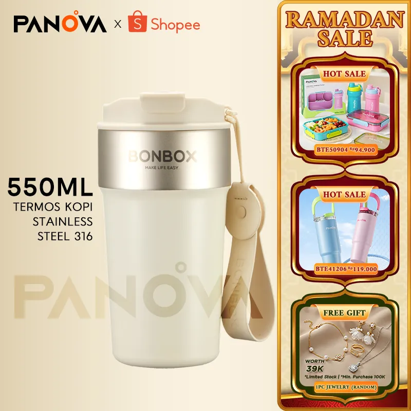 BONBOX Tumbler Botol Minum Premium 550ml - Stainless Steel 316 Tahan Panas & Dingin Anti Bocor dengan Gagang Kulit & 2 Tutup Buka Satu Tangan (Dark Grey/Putih Susu) BKL50301