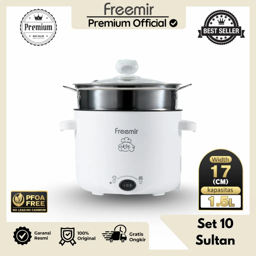 [PREMIUM] freemir Panci Listrik 1.5L Mini dengan Pegangan Ganda 1.5L Mini Electric Cooker 1.5L