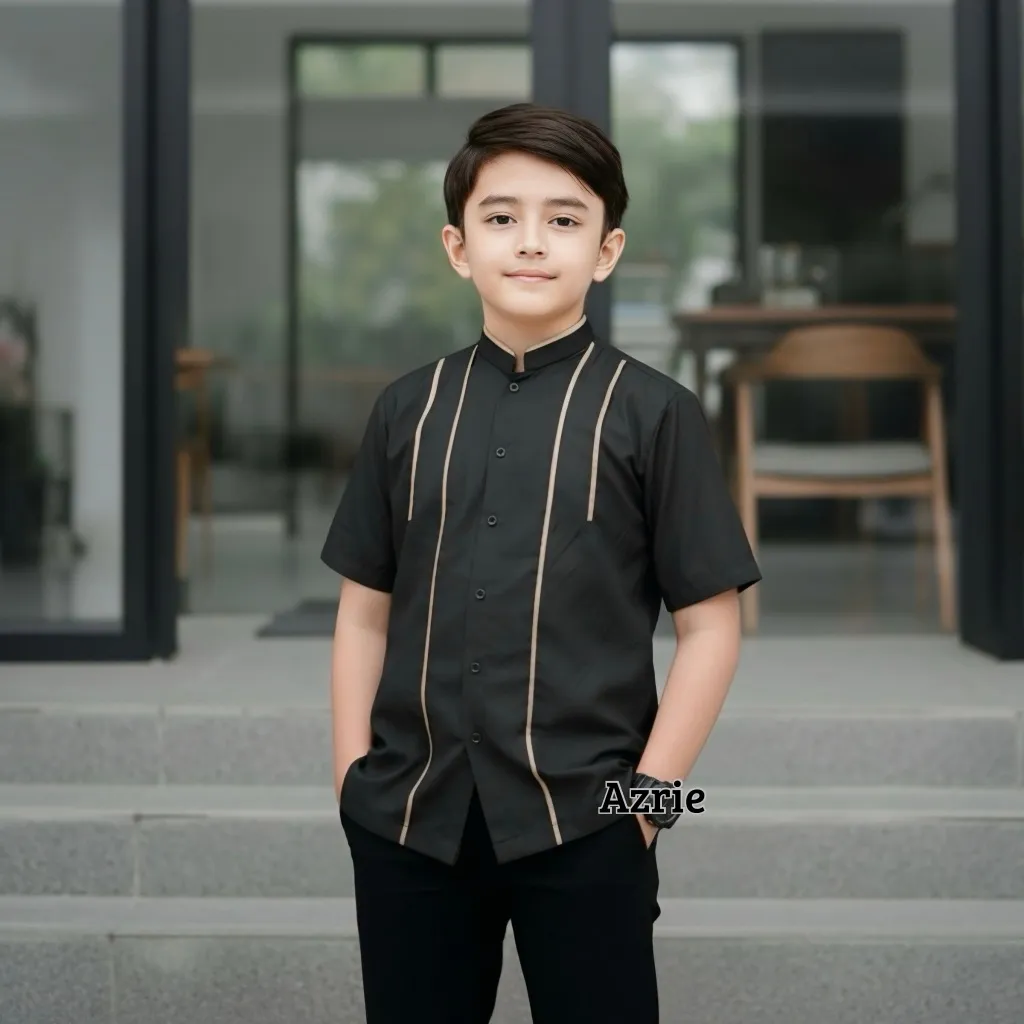 Baju Koko Anak Laki Laki Lengan Pendek Usia 6-14 Tahun Warna Hitam Motif Albrani Bahan Katun Toyobo