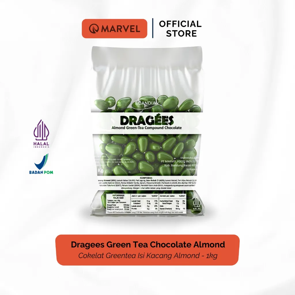 Scandia Dragees Green Tea Chocolate Almond - Cokelat Greentea Isi Kacang Almond 1kg