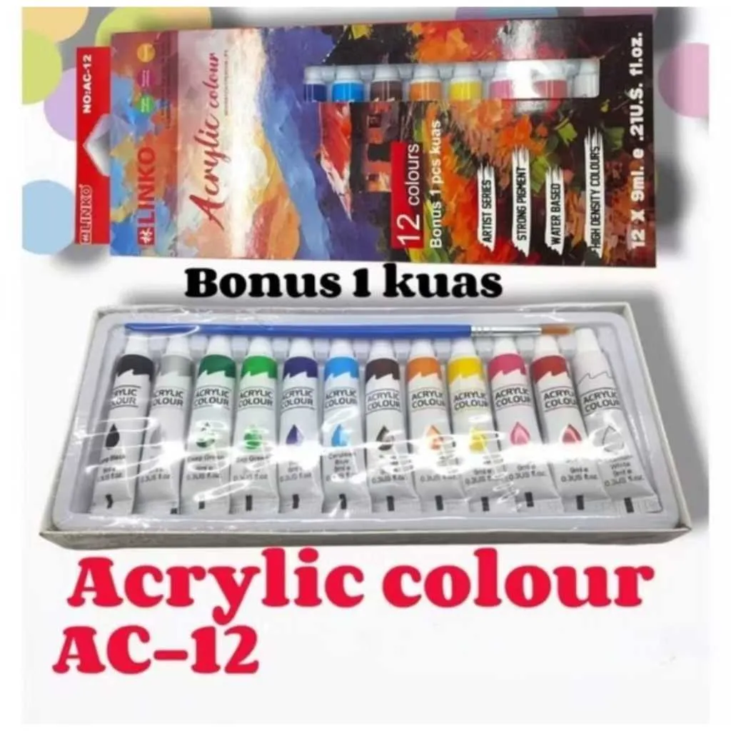 Cat Lukis Akrilix / Cat Acrylic Colour Kanvas 9ml ( 12 Warna x 9 ml ) + Kuas