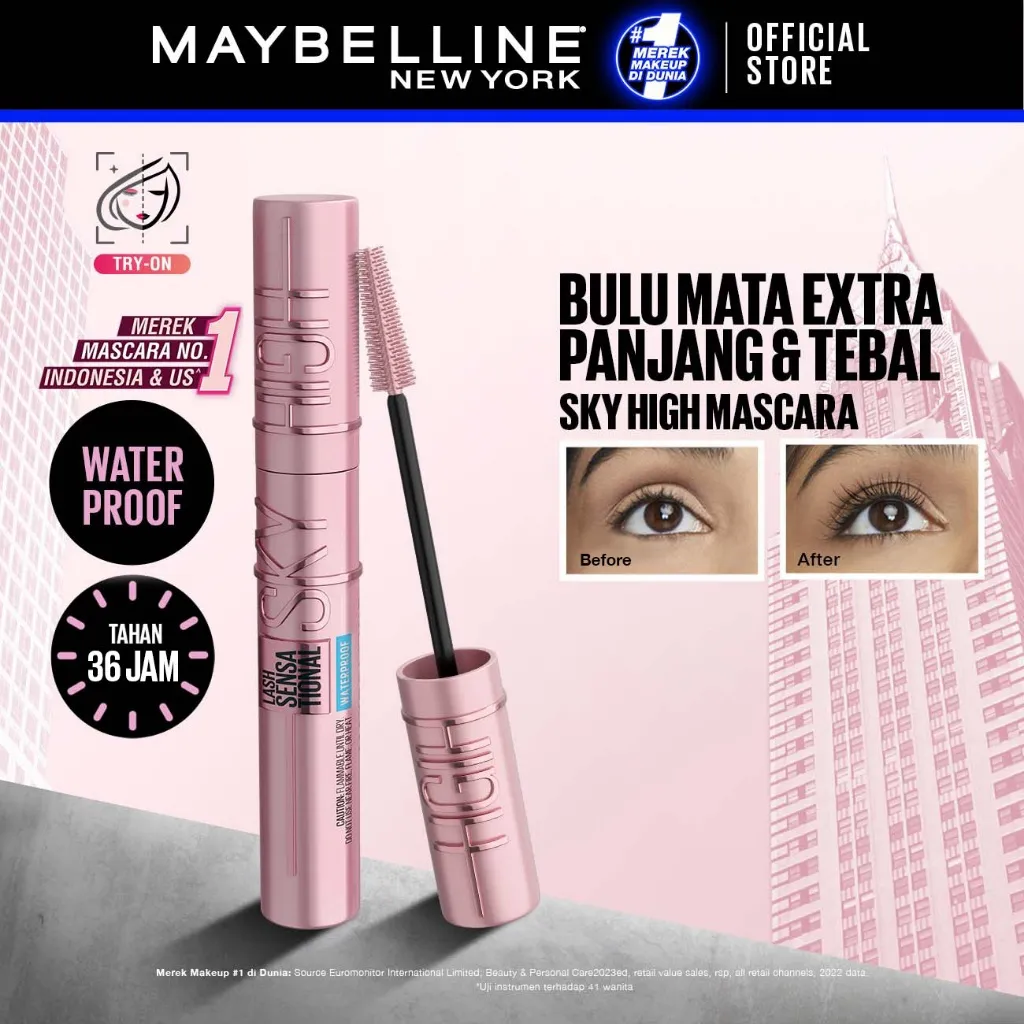 Maybelline Sky High Waterproof Mascara 6ml Maskara Eye Make up Black Bulu Mata Panjang Tebal Tahan 24 Jam Hypercurl Superstay Matte Vinyl Ink
