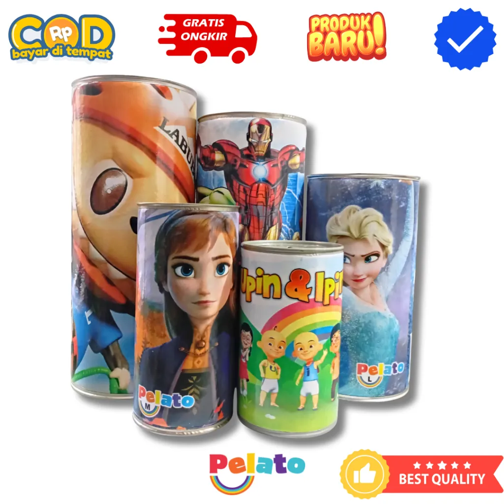 PELATO Celengan Kaleng Besi Anak Ukuran 27, 25, 20, 17, 14 Gambar Target Nominal (CLG)
