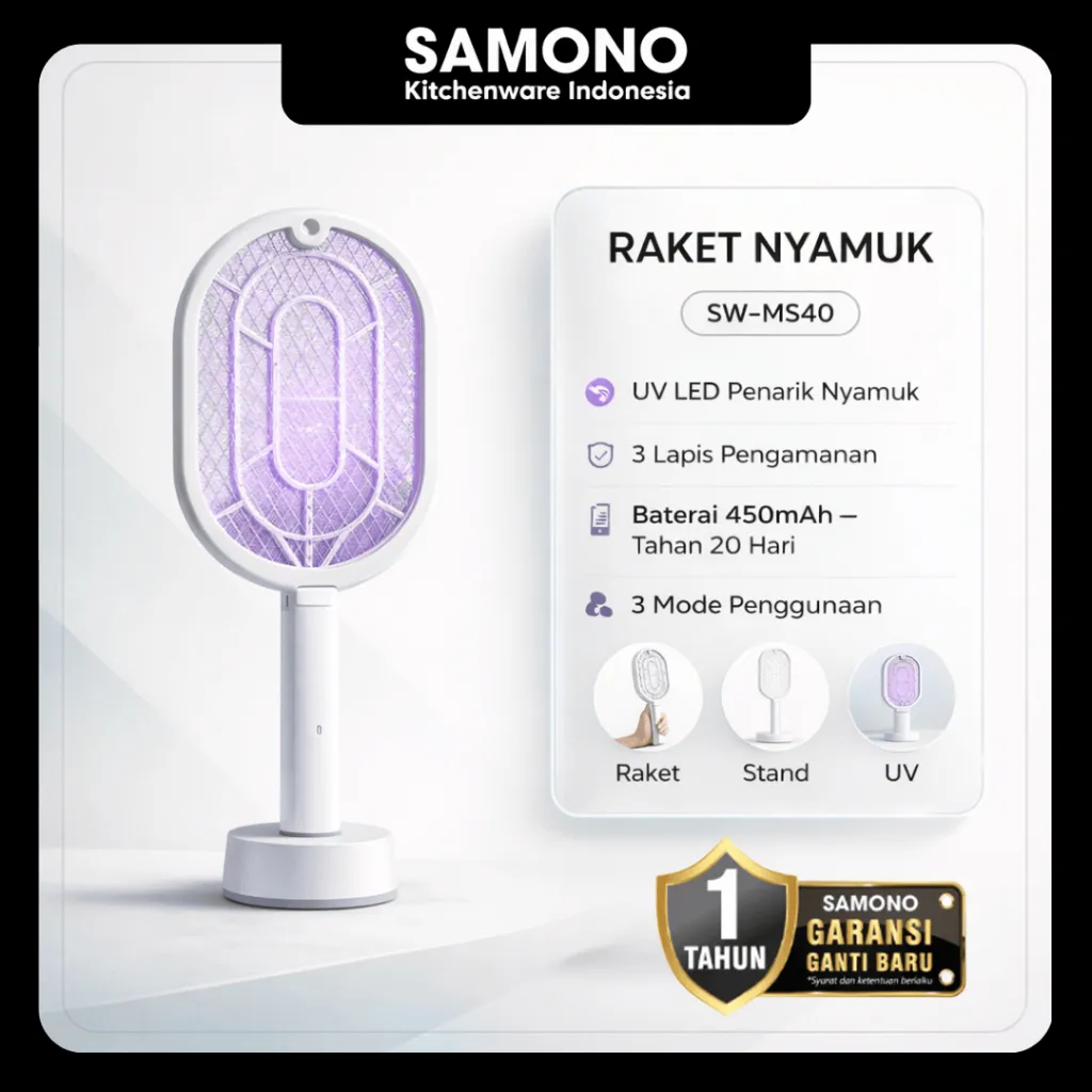 SAMONO Raket Nyamuk 3 in 1 UV Lampu 450mAh Stand Gantung Berdiri Anti Nyamuk Tahan 20 Hari Sistem Keamanan 3 Lapisan Bunuh Nyamuk Penyebab Demam Berdarah (DBD) SW-MS40