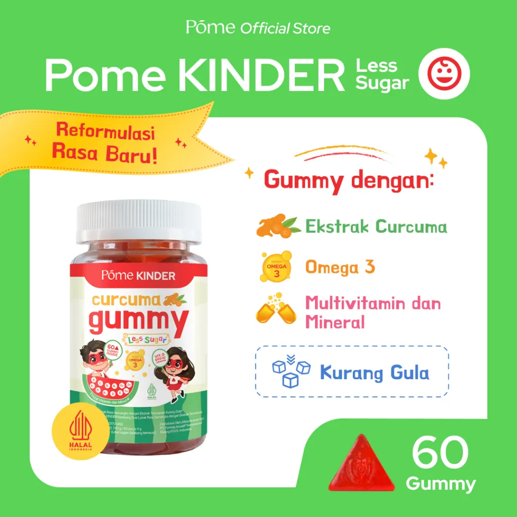 Pome KINDER Less Sugar - Gummy rasa semangka dengan Ekstrak Curcuma, Omega 3, Multivitamin & Mineral