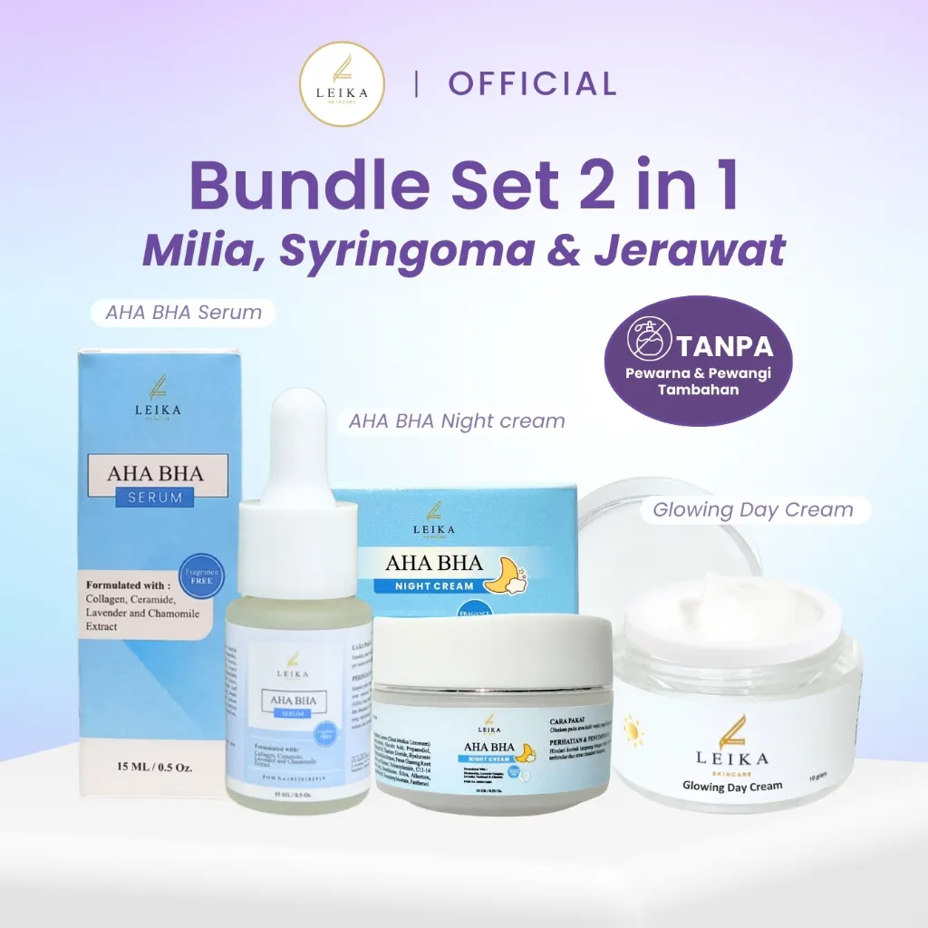 Leika Skincare Paket 3 in 1 AHA BHA Night Cream, AHA BHA Serum & Glowing Day Cream BPOM