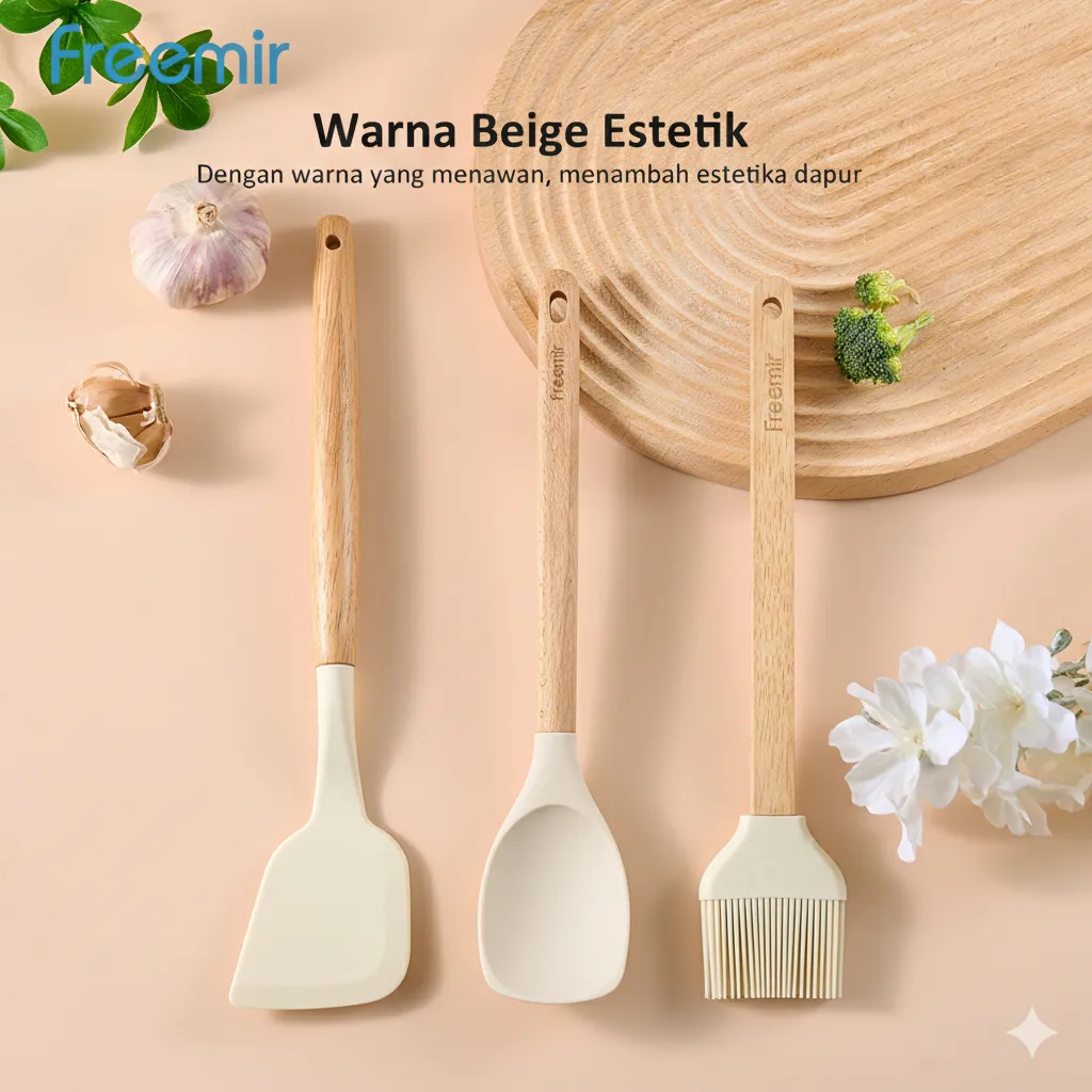 freemir electric Spatula Sutil dan kuas oles Makanan Tahan panas anti lengket gagang kayu beige