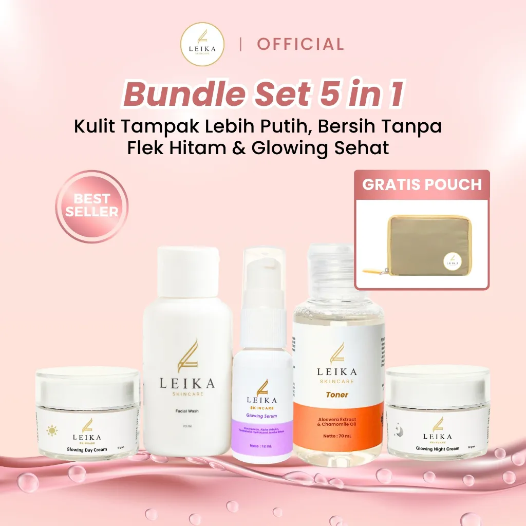 Leika Skincare Paket 5 in 1 BPOM & Halal MUI Mencerahkan Wajah Glowing Memudarkan Flek Hitam Bintik Hitam Melasma Krim Wajah Berjerawat dan Bekas Jerawat Hitam Paket Kecantikan Wajah