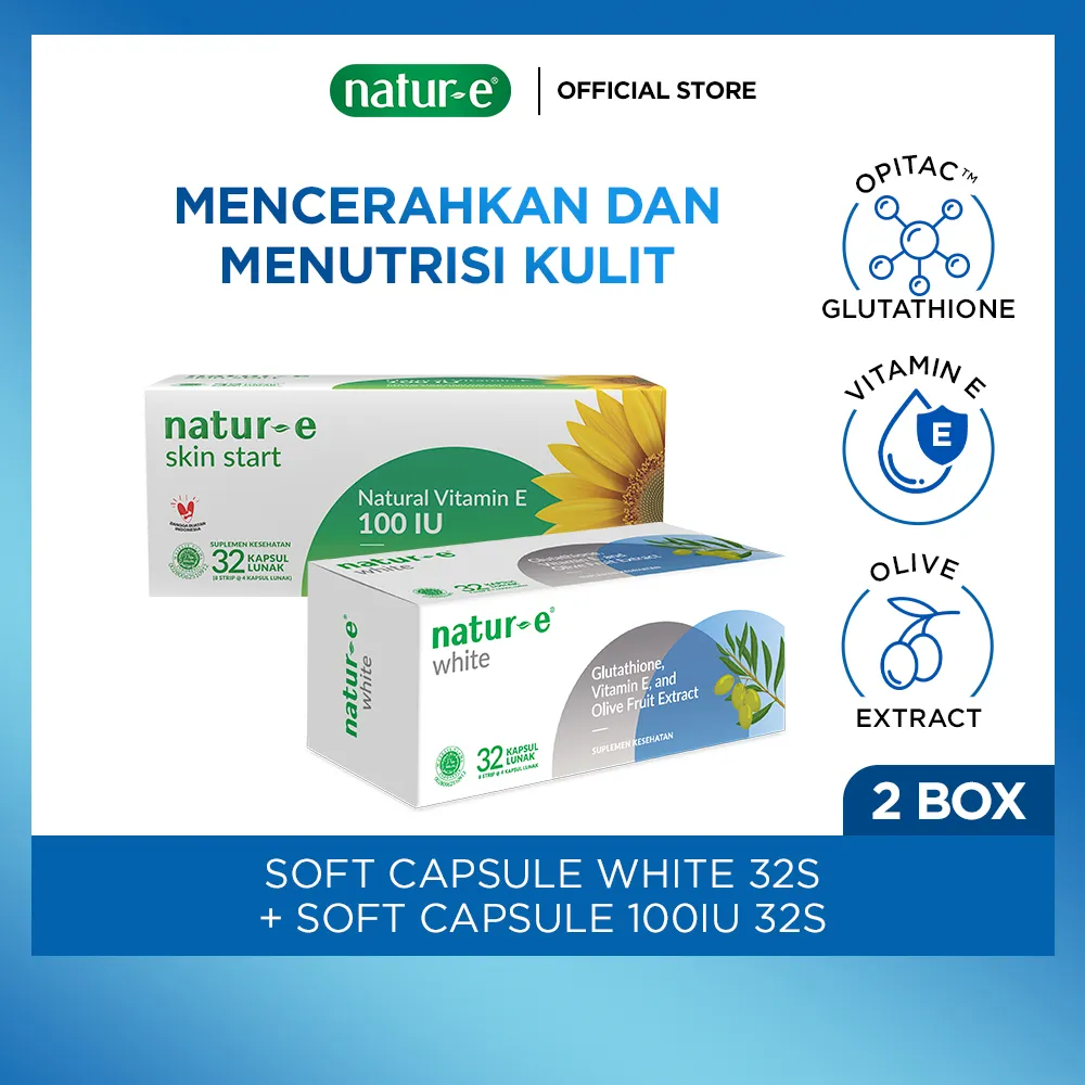 Natur-E Paket Soft Capsule - Skin Start Natural Vitamin E 100 IU 32s & White 32s - Suplemen Kecantikan Dengan Vitamin E & Glutathione - Membantu Menjaga Kesehatan Kulit dari Dalam