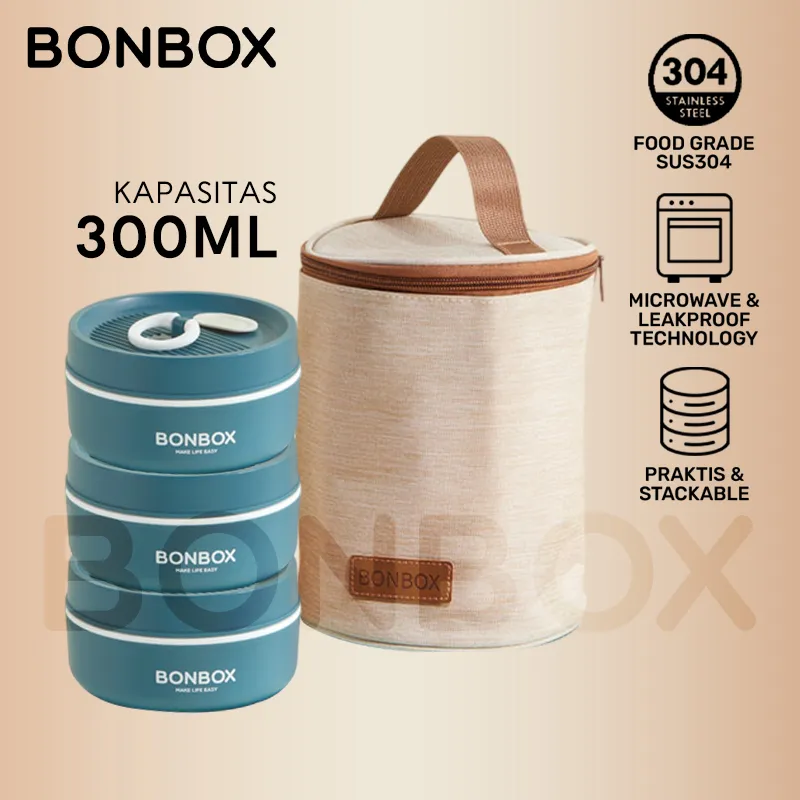 BONBOX SET Lunch Box Stainless Steel 304 300ml - Kotak Makan Single atau Multi Pilihan + Tas Silinder Insulated, Paket Praktis Bekal Sekolah - BTE41105+BX-BG41202 Navy Blue