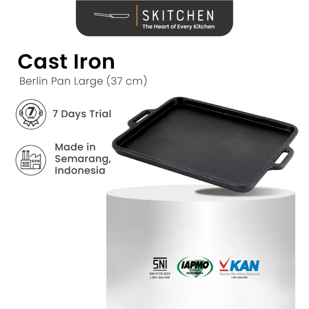 SKITCHEN Cast Iron Berlin Pan Large  (37 cm) - Alat Panggangan Serbaguna, Panas Merata Tahan Lama