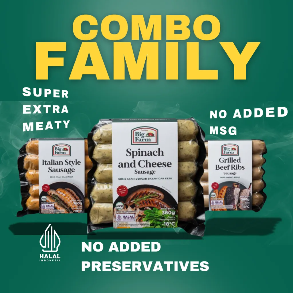 BIG FARM Combo Family (Spinach and Cheese, Italian Style dan Grilled Beef Ribs) Sosis Daging Ayam dan Daging Sapi
