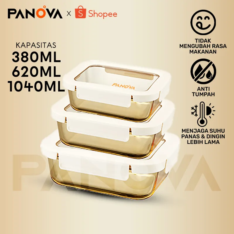 PANOVA SET Food Container Kaca 3 Ukuran Lengkap - Kotak Makan Tahan Panas & Dingin, Aman Microwave/Freezer untuk Meal Prep & Bekal Sehat - BTE50308