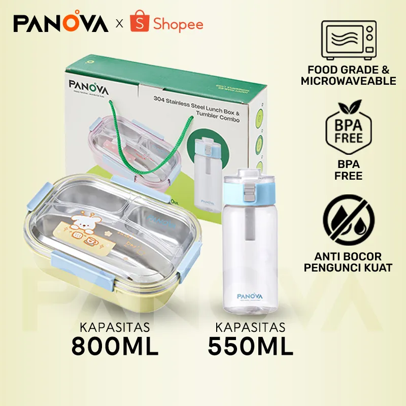 PANOVA SET Lunch Box & Botol Minum - Stainless Steel 304 (800ml+550ml) Aman Microwave Anti Bocor dengan Sekatan - BTE50905 (Pink/Kuning)