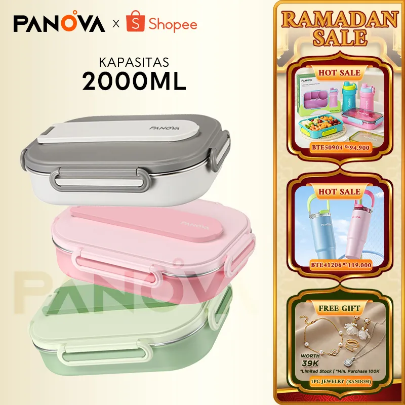 PANOVA SET Lunch Box Stainless Steel 304 4pcs (2000ml) + Tas Insulated - Kotak Makan Anti Tumpah Bekal Kerja Sekolah Paket Lengkap Tempat Makan Premium & Portable BTE41210+BX-BG41201