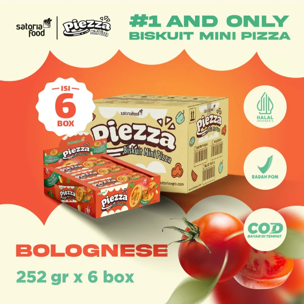 SatoriaFood - Snack Piezza Bolognese 252gr x 6 Box [ 1 Dus ] | Biskuit Cemilan Pie Mini Rasa Pizza