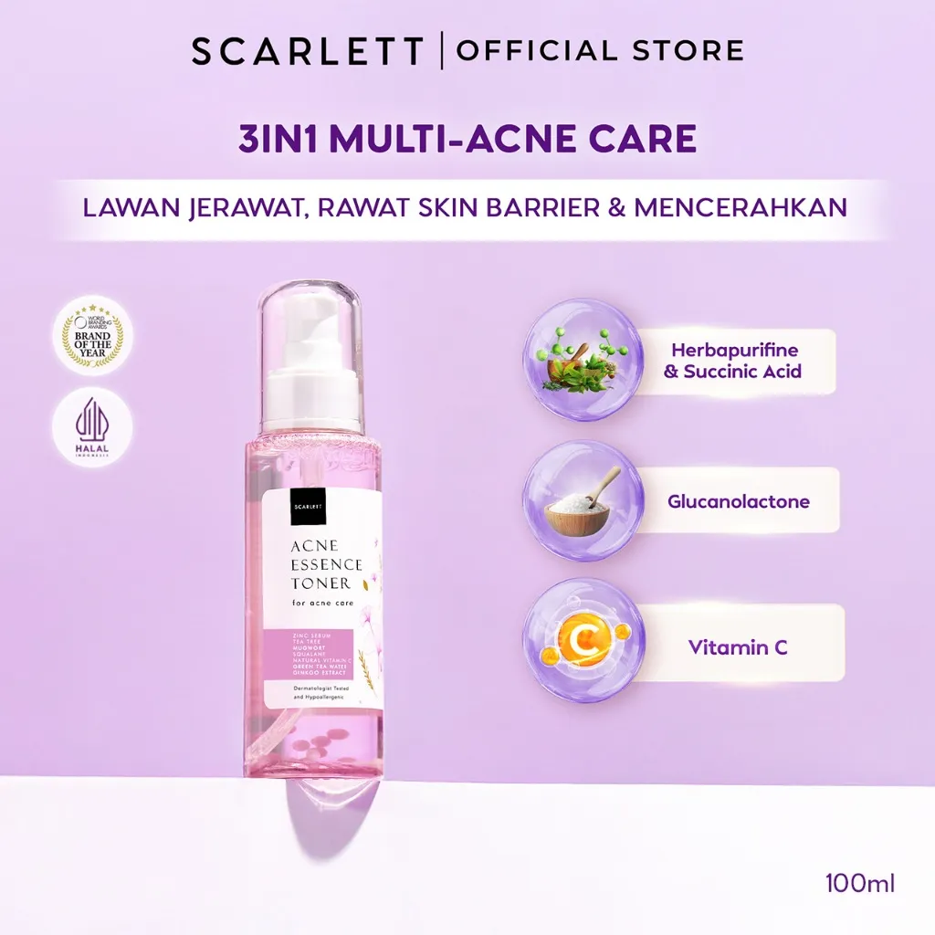 Scarlett Whitening Acne Essence Toner - Toner Ringan Wajah Penghilang & Perawatan Jerawat Ampuh Atasi Hingga Bekasnya with Double Action Salicylic Acid tanpa Bikin Kulit Iritasi