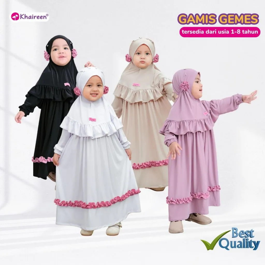 KHAIREEN Gamis Gemes (0-8 Tahun) Baju Muslim Abaya Set Hijab Polos Bayi Balita Anak  1 2 3 4 5 6 tahun Gamis Umroh Anak Kaos Adem